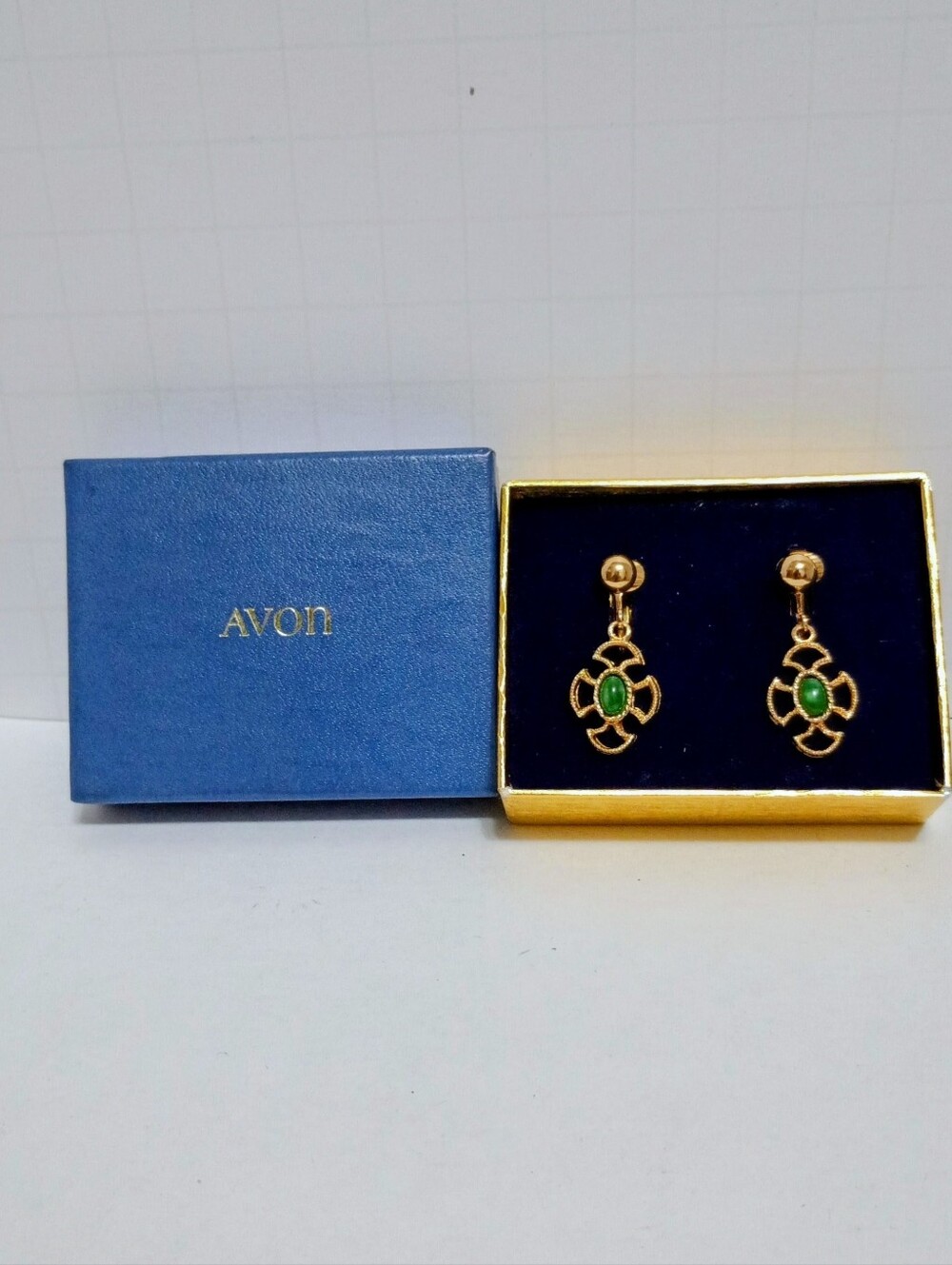 Vintage signed Avon Baroness Maltese Cross Simulated Jade Clip Earrings .